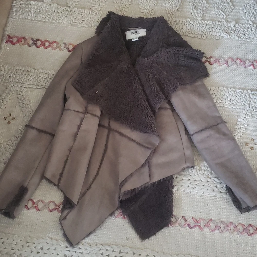 Women’s Taupe Faux-Suede Asymmetrical Coat with Black Faux-Fur Trim - Picture 4 of 11